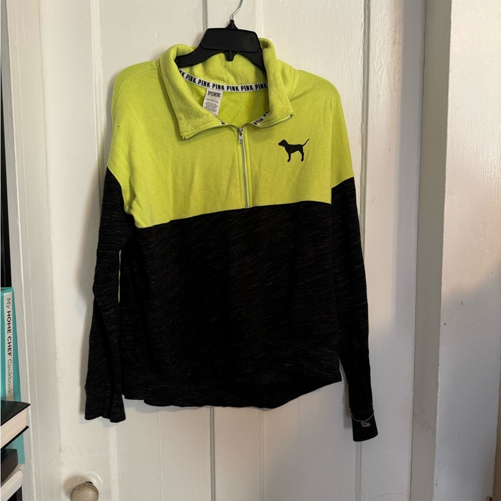 Victoria’s Secret Pink neon green and gray half fleece zip up